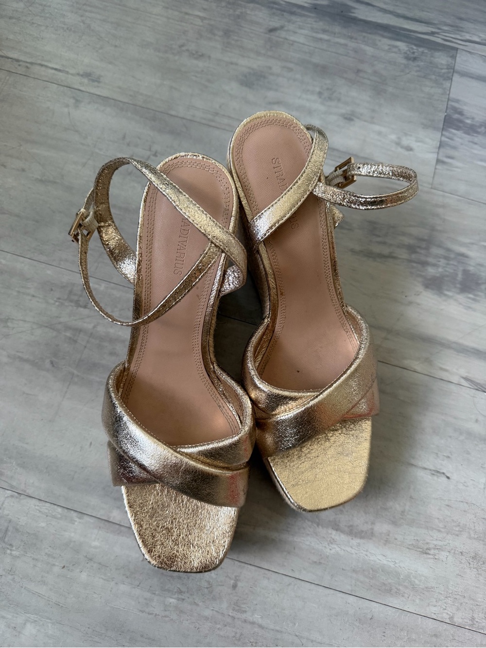 Stradivarius Metallic Gold Crisscross Ankle-Strap Block Heels